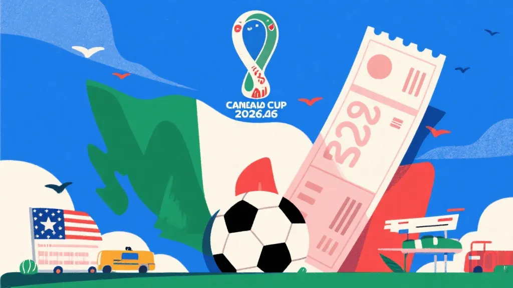 2026年美加墨世界杯概念图，包含足球与高昂旅行账单元素